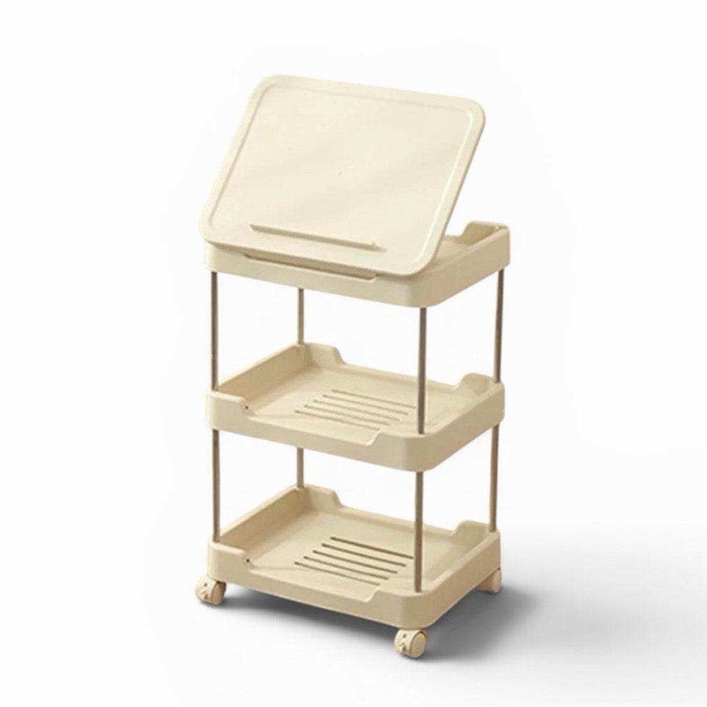3-tier rolling utility cart with a top handle and drawer feature.