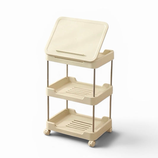 3-tier rolling utility cart with a top handle and drawer feature.
