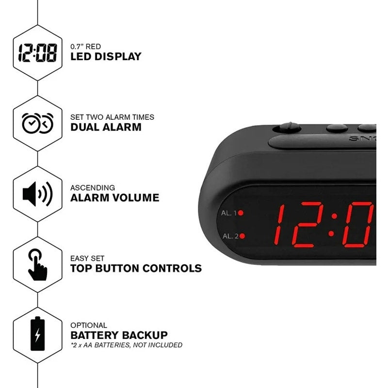 Sharp Digital Alarm Clock Black Case Red Display Ascending Alarm