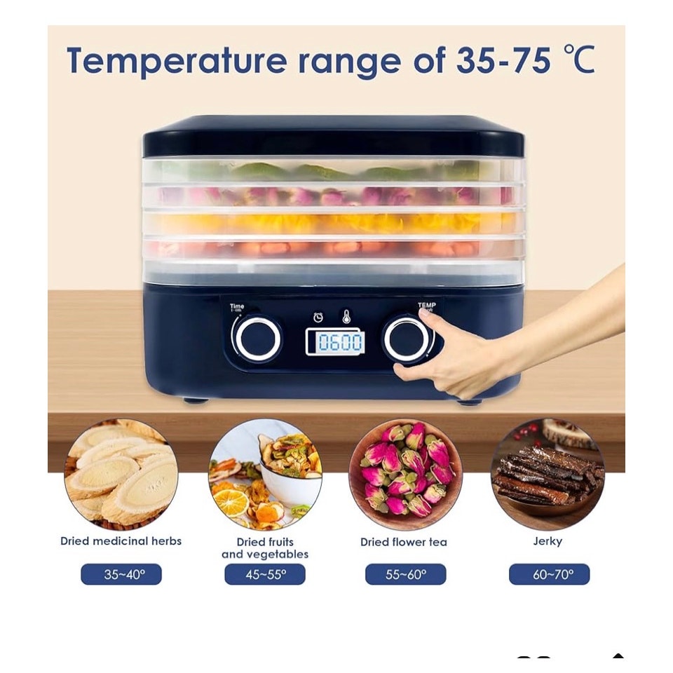 Food Dehydrator, 5 Trays Food Dryer Machine, Temperature Control  Blue