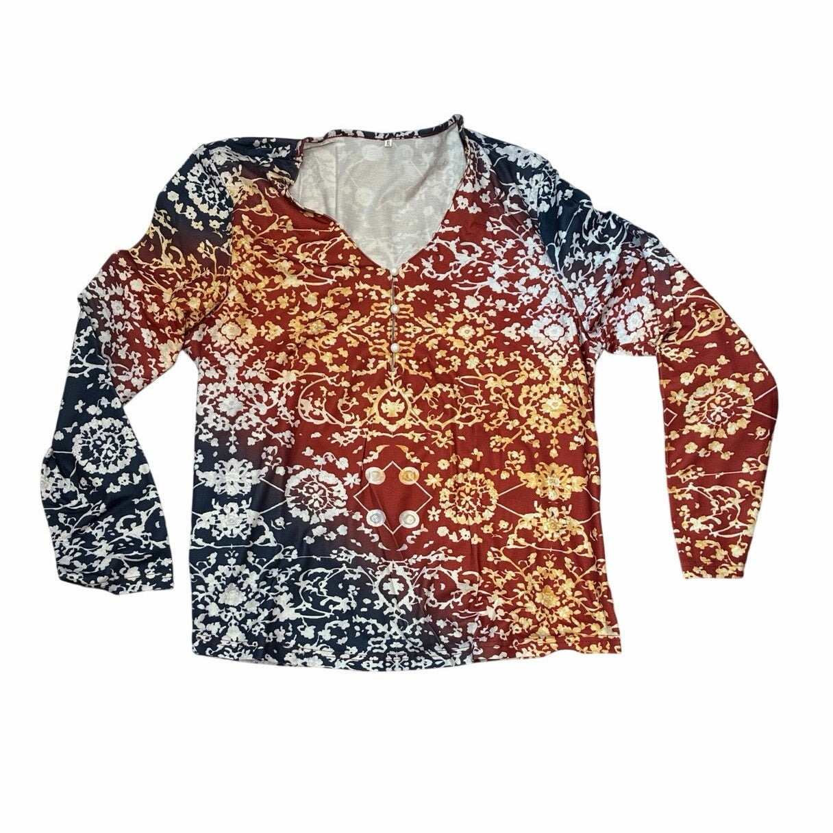 long-sleeve V-neck blouse with a bohemian floral pattern Size XL