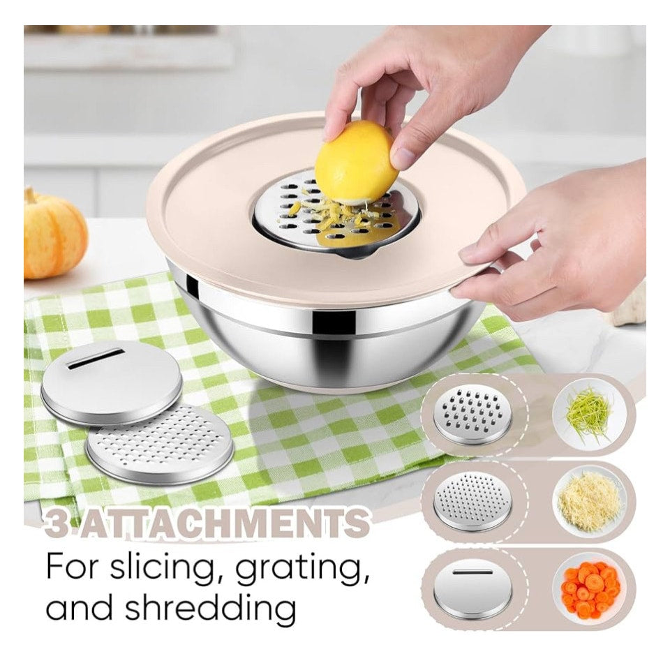 E-far 25PCS Mixing Bowls with Lid Set, Stainless Steel Nesting Prep Bowls with Grater Attachments Non-Slip Bottoms for Cooking, Serving, Food Storage, 4.6/2.6/2/1.5/1/0.7QT - Khaki