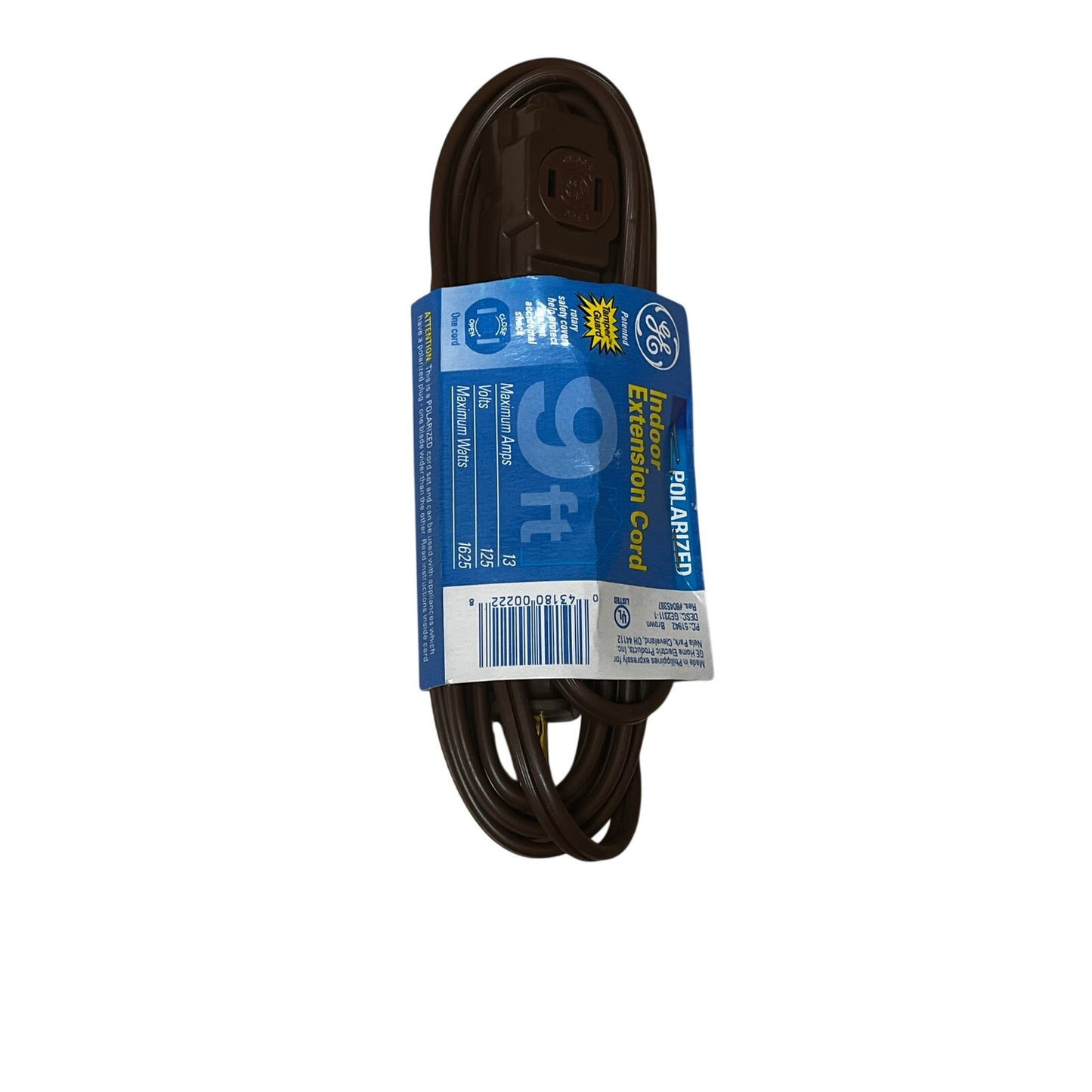GE 9 Foot Polarized Indoor Electric Extension Cord Tamper Guard Brown  NOS