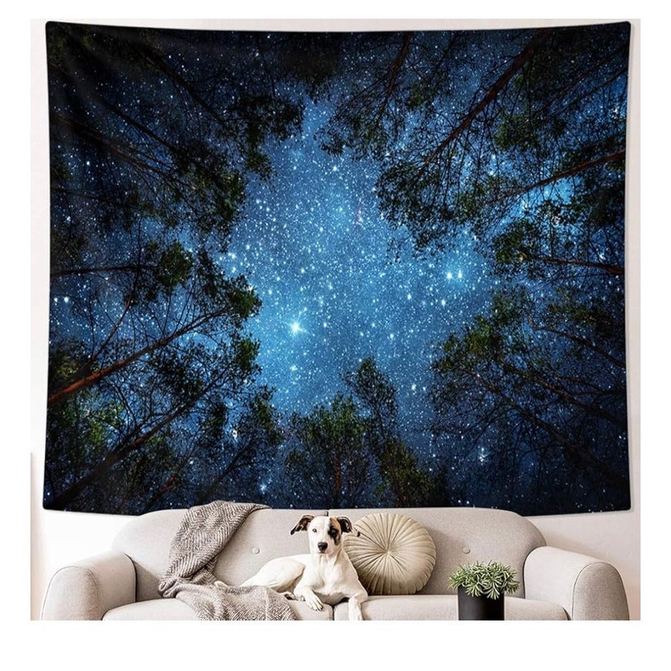 Starry Wall Tapestry, 3D Printing Forest Starry Night Tapestry Star Tree Tapestry Psychedelic Indian Wall Hanging Tapestry for Home Decor Bedroom Living Room, Large 79x58 Inches