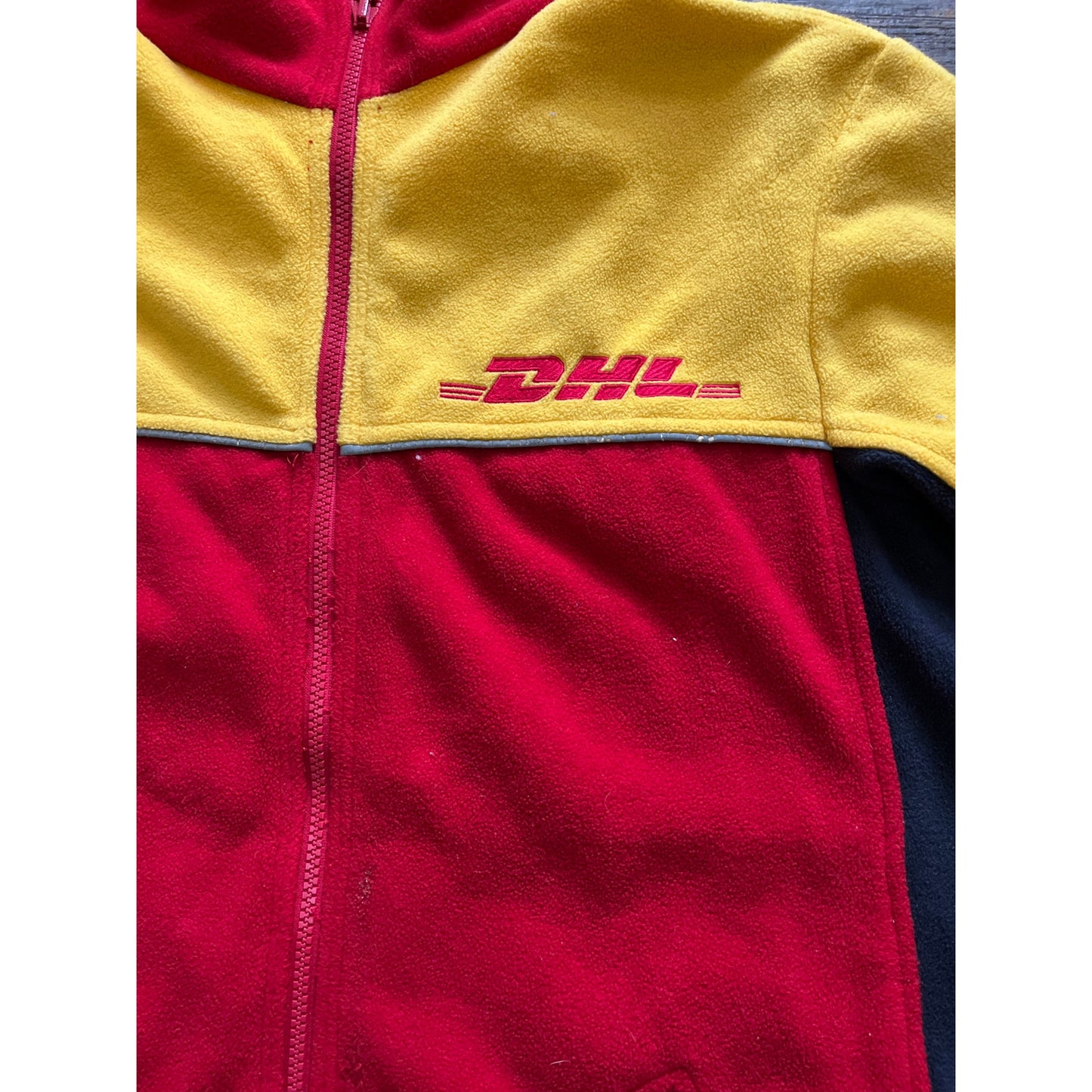 DHL Delivery Red Black Yellow Full Zip Fleece Long Sleeve size XL-XXL