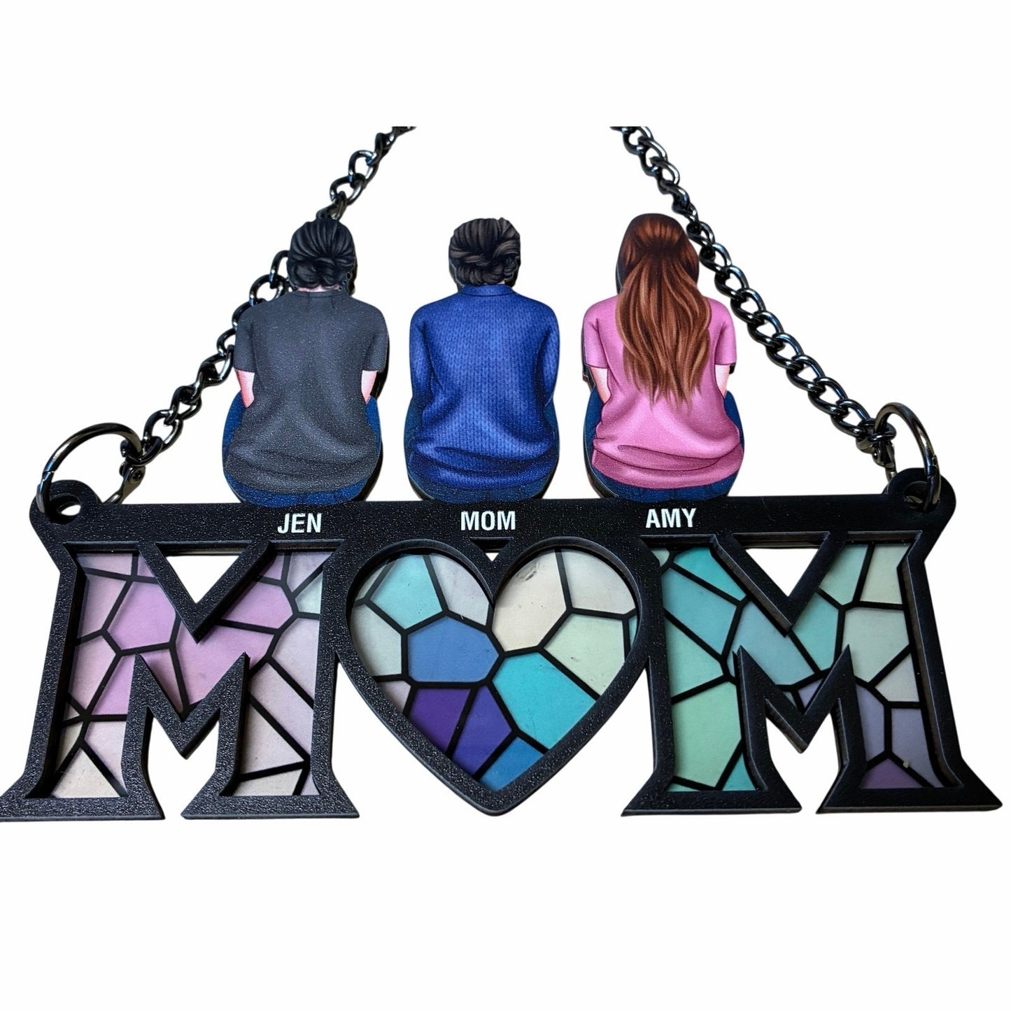 Mother & Children Sitting Bakside  Personalized Suncatcher Ornament