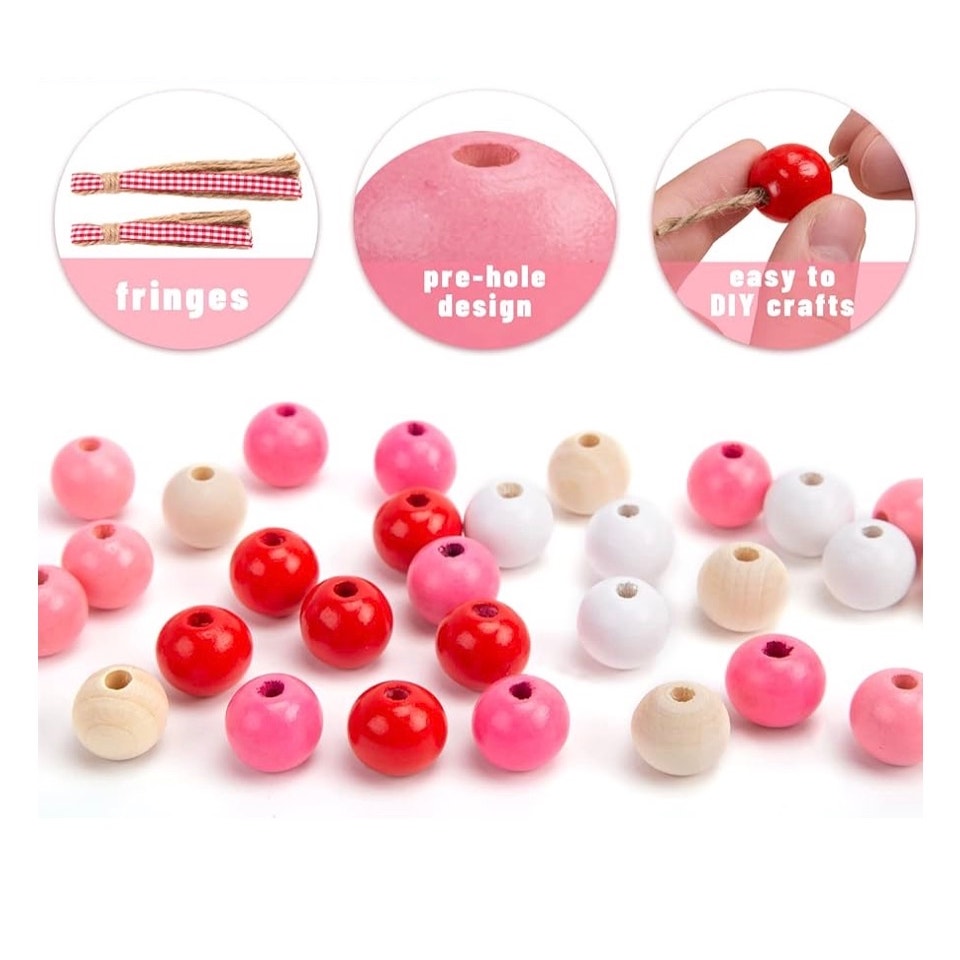 BigOtters 170PCS Valentines Day Wooden Bead, Pink Round Beads 0.6
