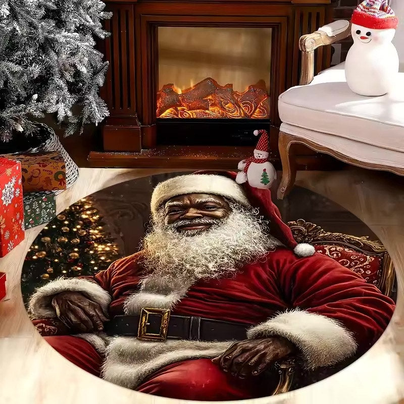 Santa Claus Pattern Round Floor Mat for Living Room, Coffee Table, Bedroom