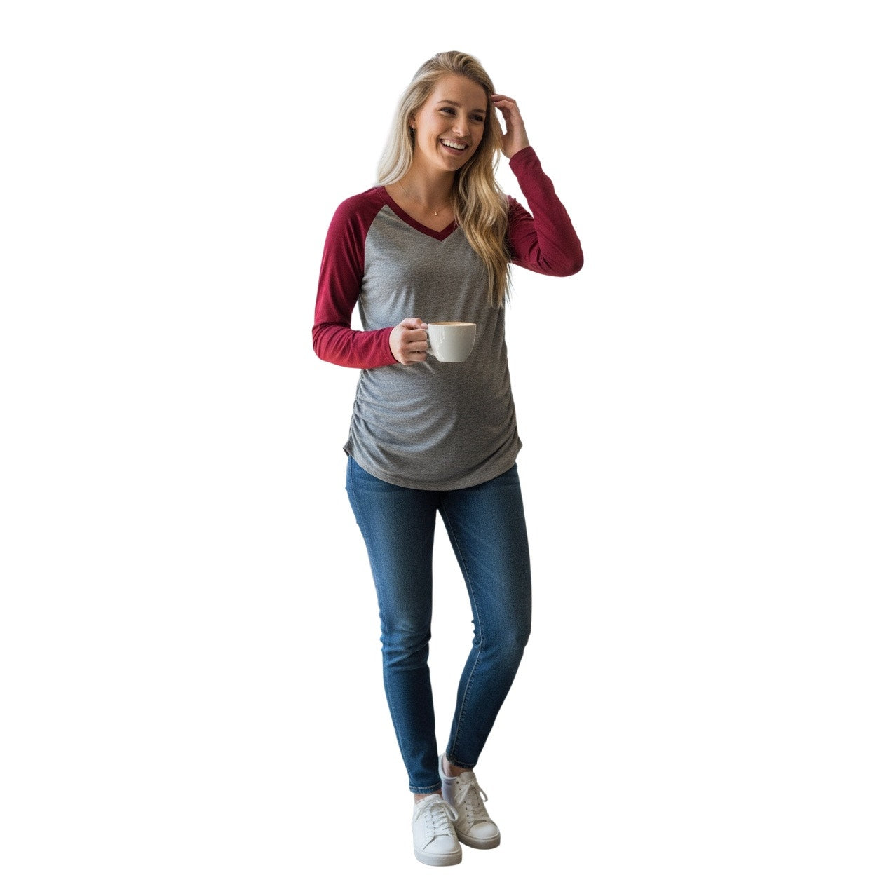 Oakgarden Women’s Long Sleeve Shirt Size Small Gray With Red Sleeves