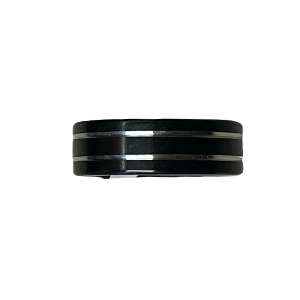 Black Stainless Steel Ring With 2 Sliver Stripes Across The Middle Of The Ring Size 21