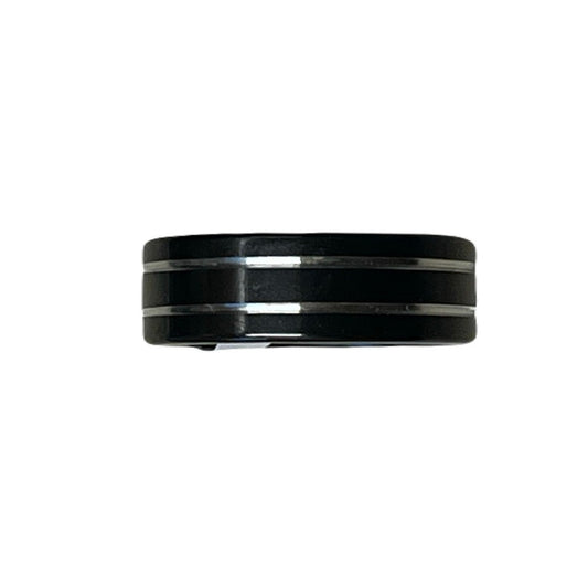 Black Stainless Steel Ring With 2 Sliver Stripes Across The Middle Of The Ring Size 21
