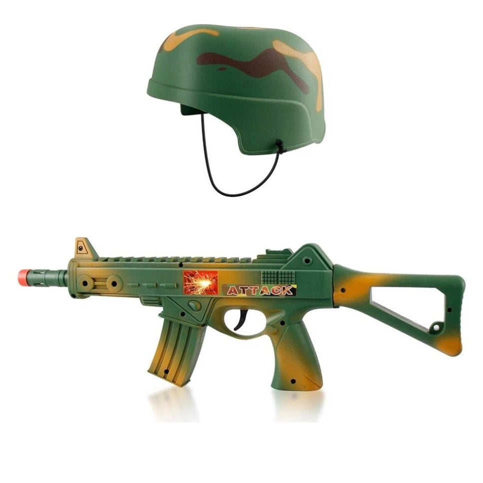 Camouflage Army Helmet and 16 inches Machine Gun Toy Rifle Military Combat