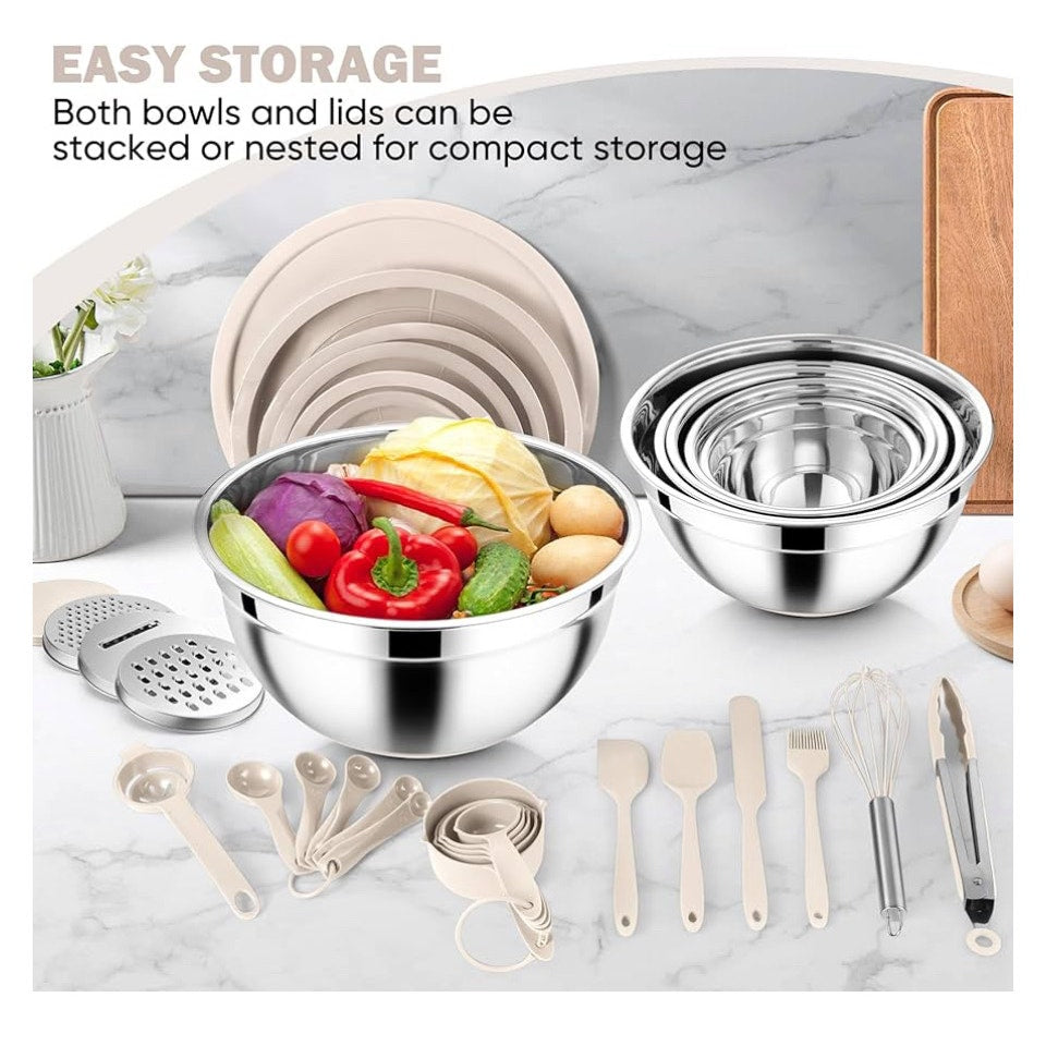 E-far 25PCS Mixing Bowls with Lid Set, Stainless Steel Nesting Prep Bowls with Grater Attachments Non-Slip Bottoms for Cooking, Serving, Food Storage, 4.6/2.6/2/1.5/1/0.7QT - Khaki