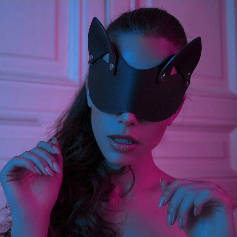 Women Faux Leather Cat Ears mask Sexy Roleplay Halloween Party Masks Blindfold