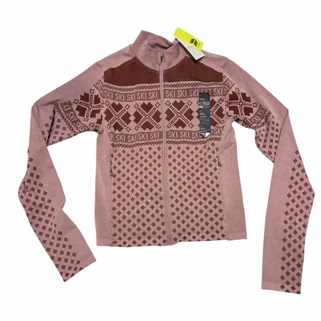 All In Motion Seamless Fair Isle Printed Full Zip Jacket, M - Maroon/Light Pink