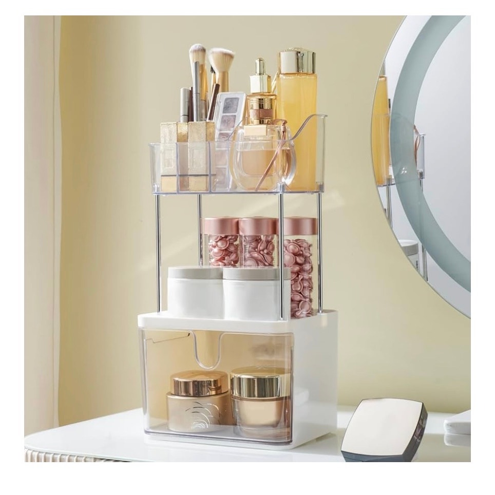 Makeup Organizer for Vanity, 2-Tier 1-Drawer Bathroom Counter Organizer