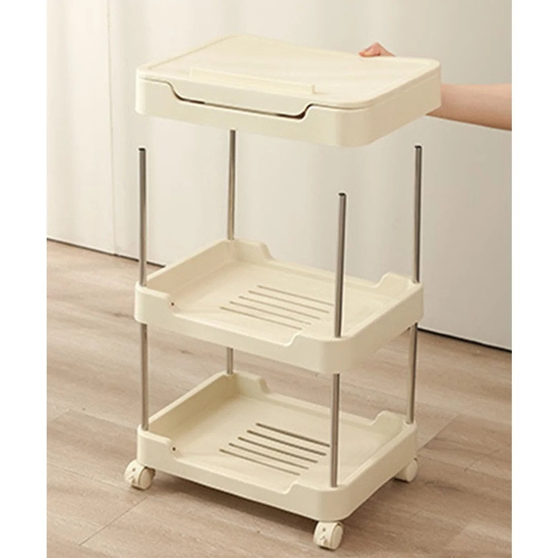 3-tier rolling utility cart with a top handle and drawer feature.