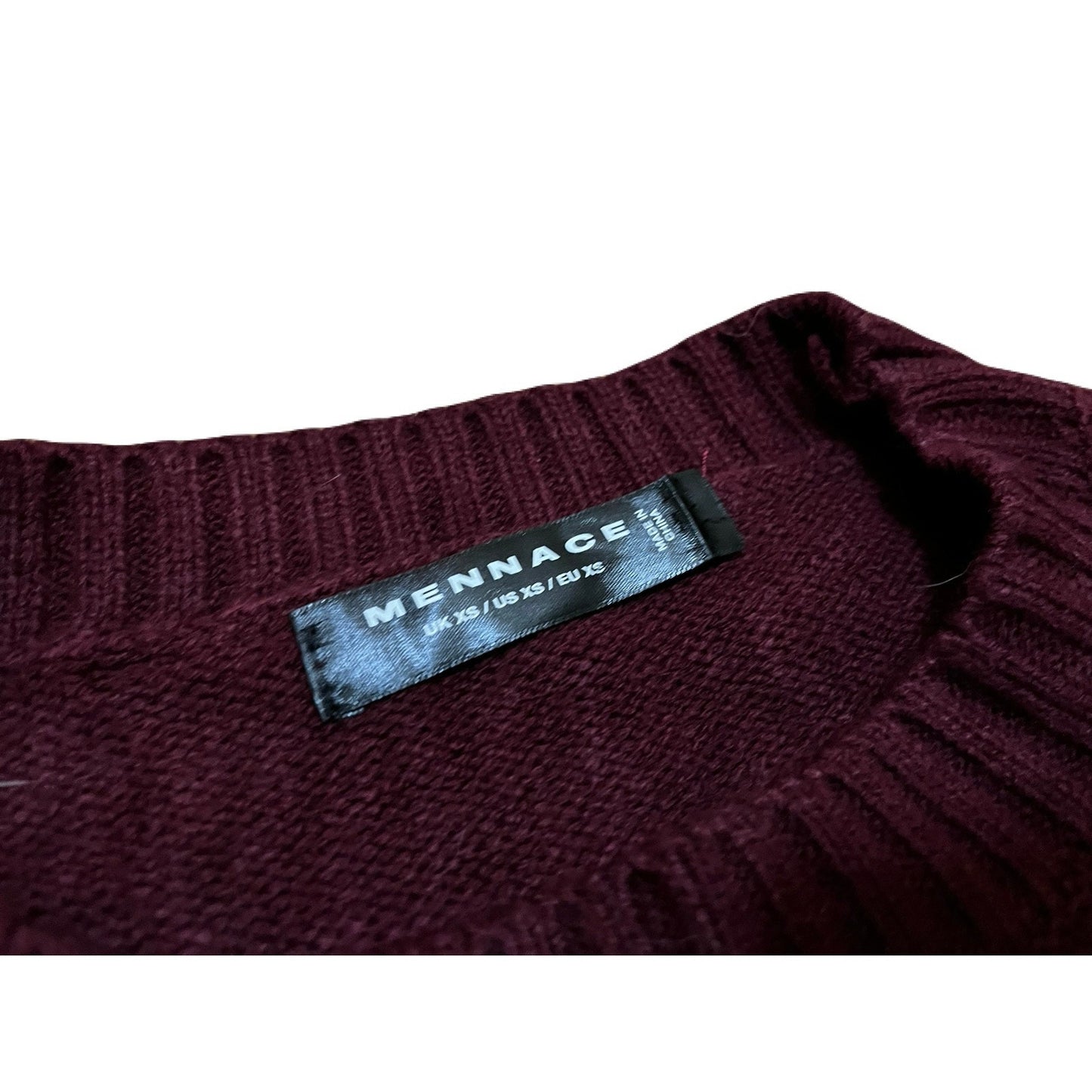 MENNACE VARSITY KNITTED JUMPER IN BURGUNDY WITH RUST EMBROIDERY-RED