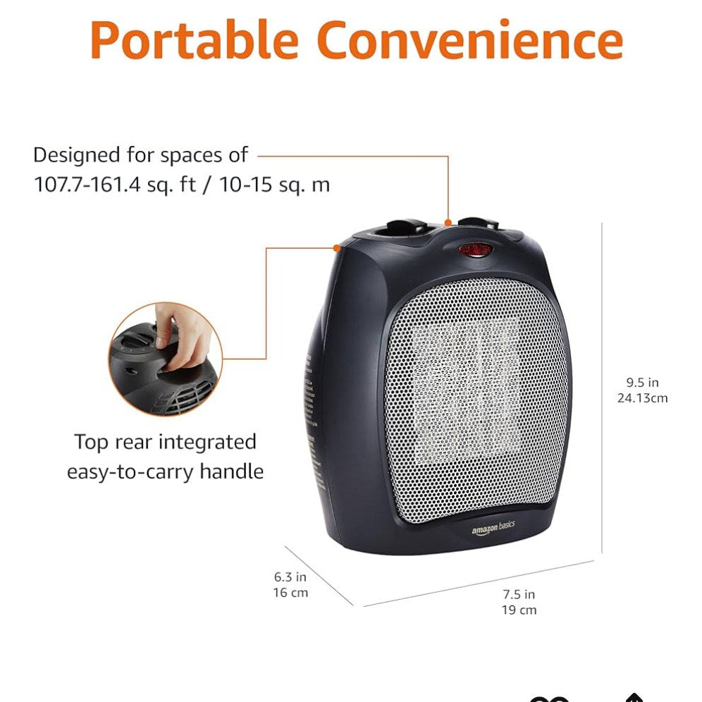 Amazon Basics Ceramic Space Heater, Portable Indoor Heating Solution