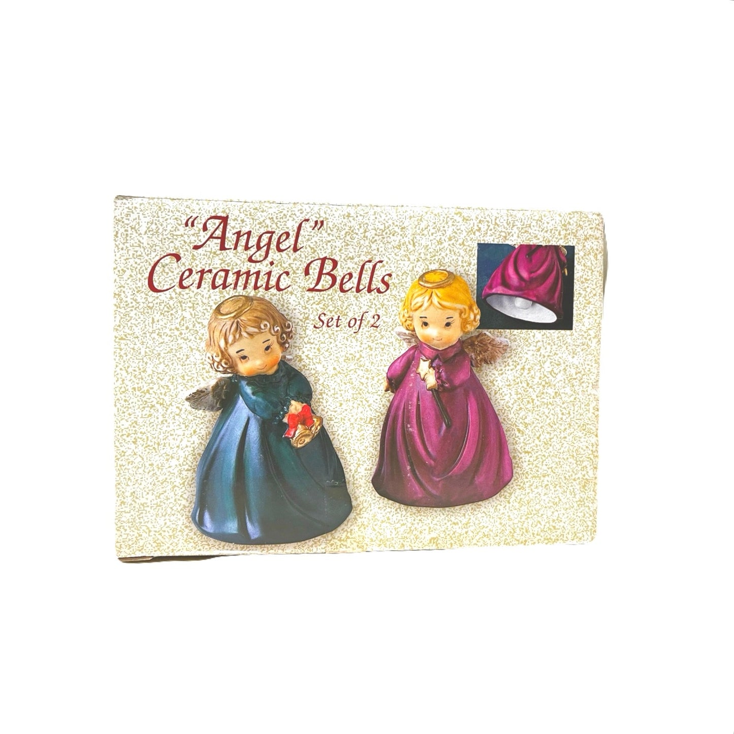 Ceramic Christmas Angel Bells Set of Two Red Green