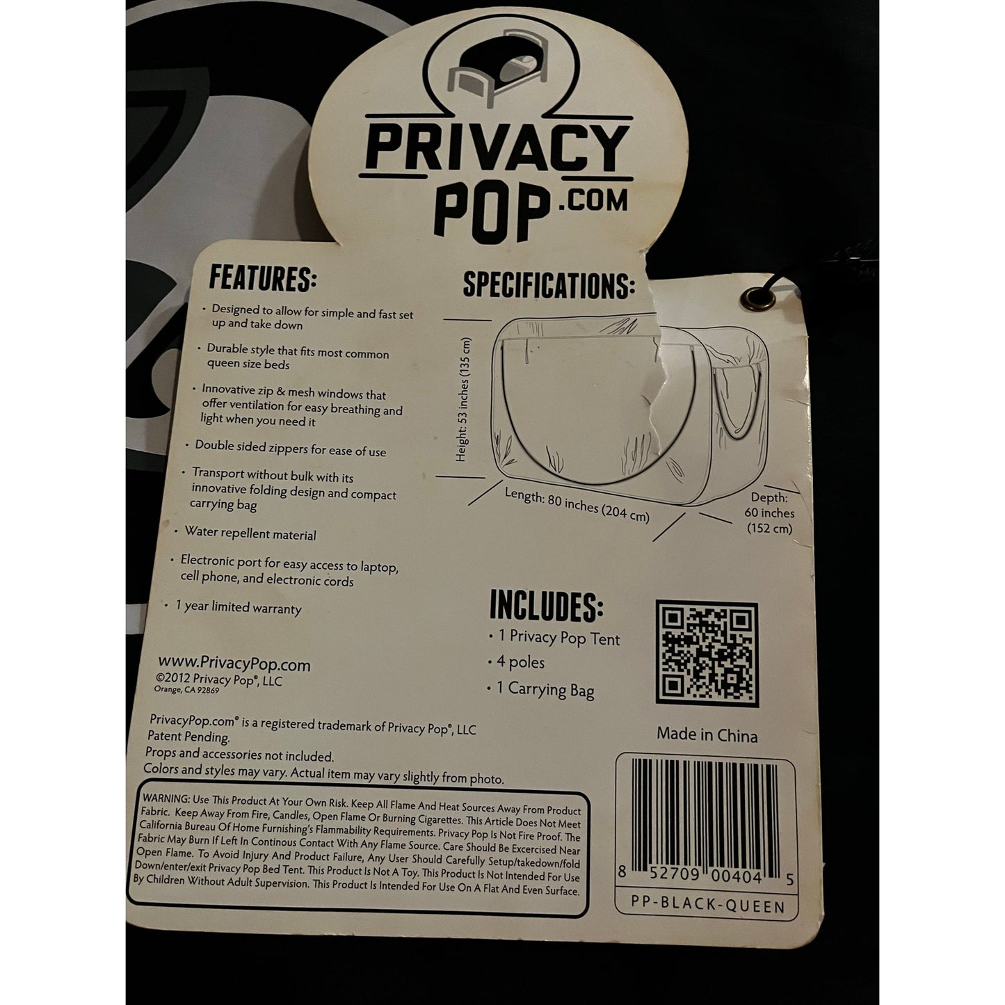 Privacy Pop Queen Size Bed Tent 53” H  X 80” L X 60” W