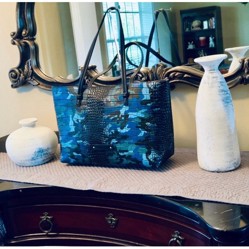 De Vesi L'Amour Crocodile Embossed Blue Camouflage Tote Bag 16”W X 11”L
