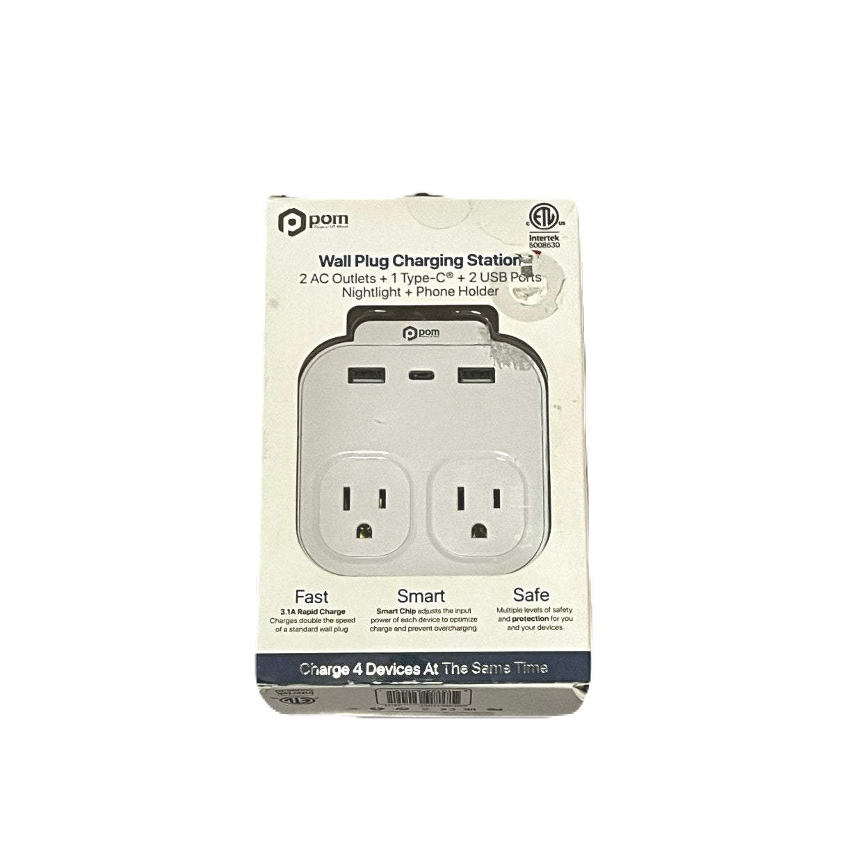 Pom Wall Plug Charging Station 2 AC Outlets + 1 Type C + 2 USB Ports Nightlight + Phone Holder