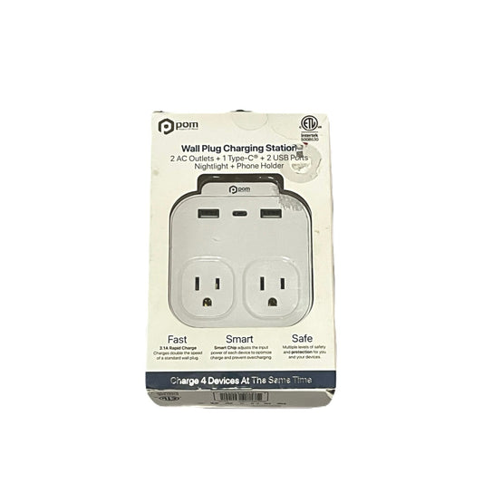 Pom Wall Plug Charging Station 2 AC Outlets + 1 Type C + 2 USB Ports Nightlight + Phone Holder
