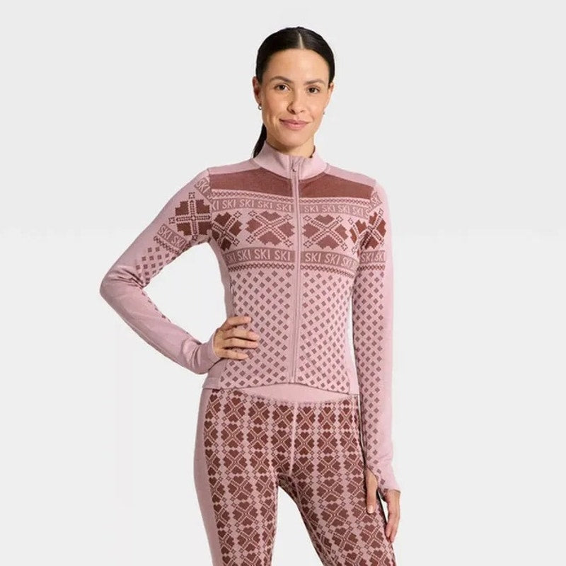 All In Motion Seamless Fair Isle Printed Full Zip Jacket, M - Maroon/Light Pink