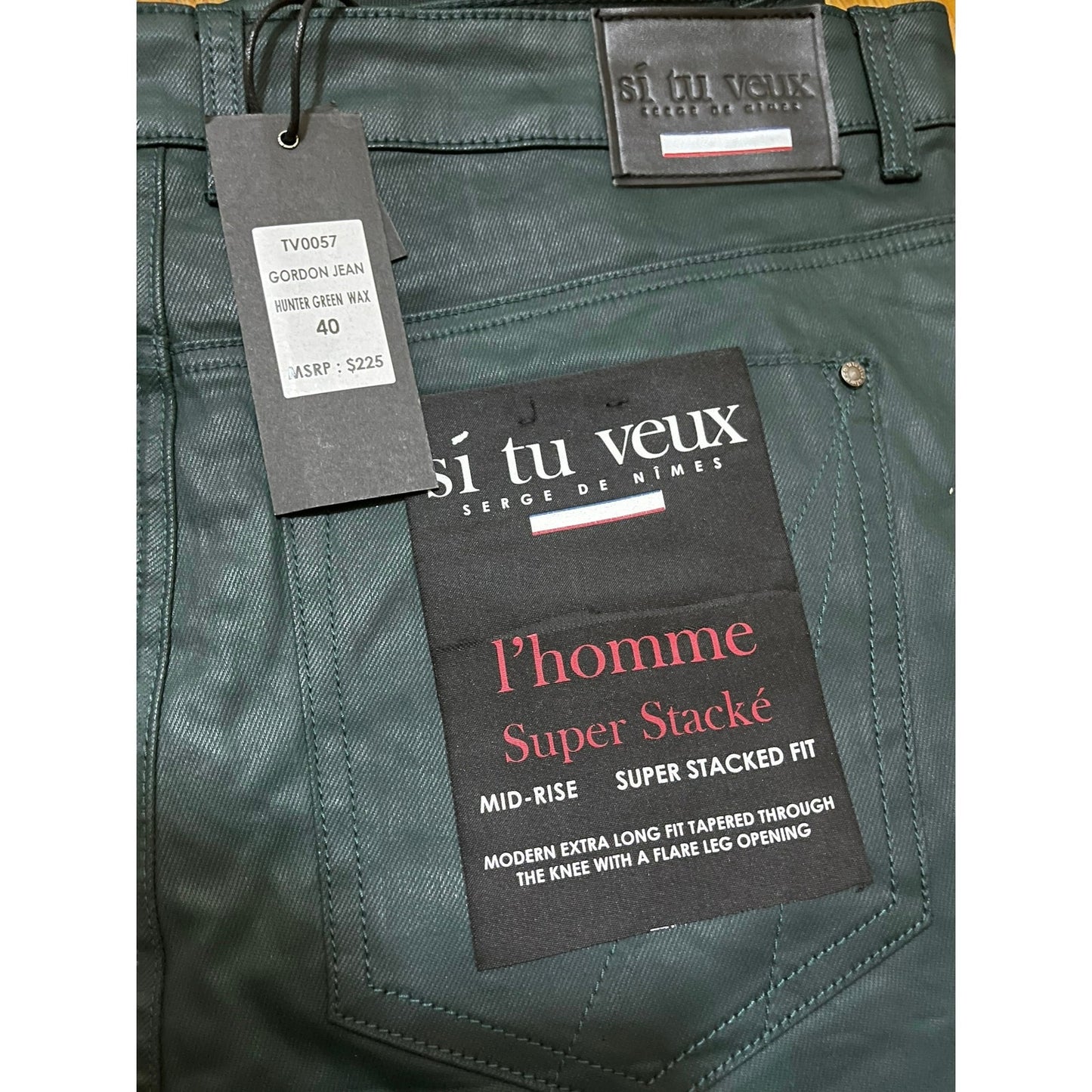 Si Tu Veux Hunter Green Wax Gordon Jeans Superstack Size 40