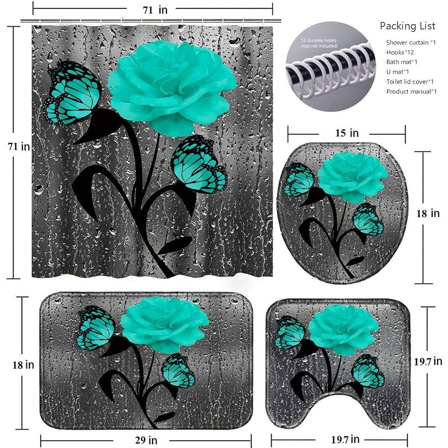 Poedist 4 Pcs Bathroom Set,Green Rose Shower Curtain Sets, Romantic Shower