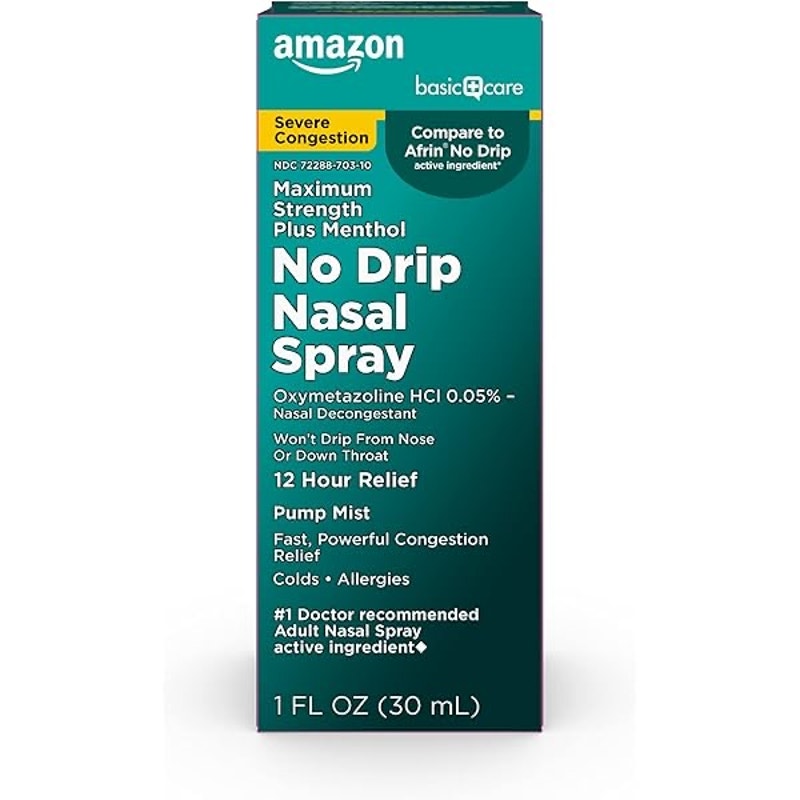 Amazon Basic Care No Drip Severe 12 Hour Nasal Decongestant Pump Mist, Steroid Free, Maximum Strength Plus Menthol 1 fl oz