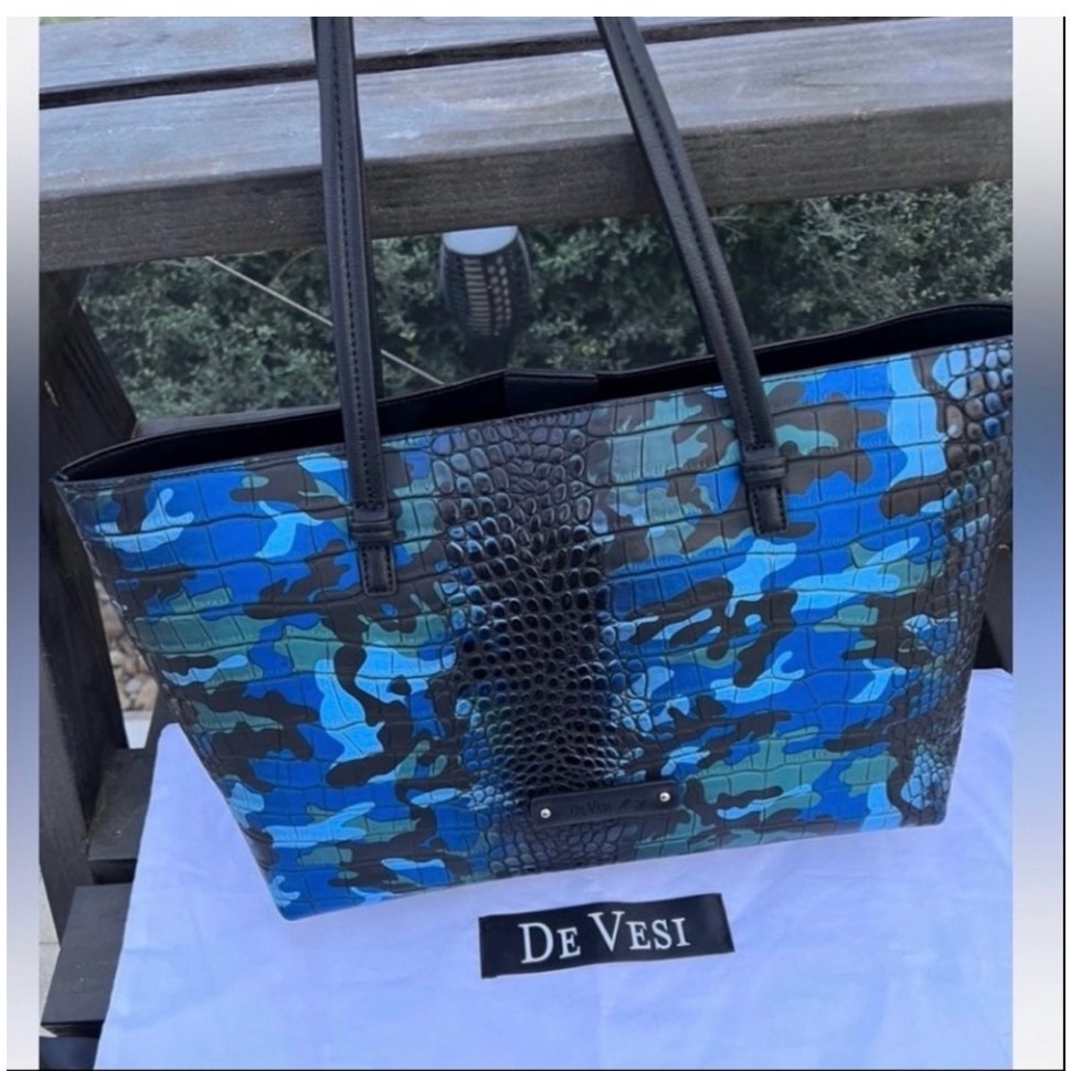 De Vesi L'Amour Crocodile Embossed Blue Camouflage Tote Bag 16”W X 11”L