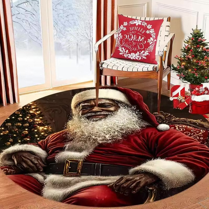 Santa Claus Pattern Round Floor Mat for Living Room, Coffee Table, Bedroom