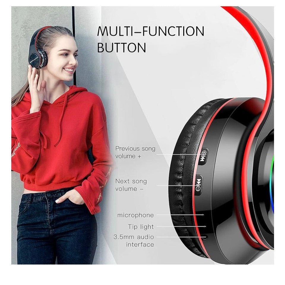 Bluetooth Over Ear Headphones, LED Lights Headphones with Built-in Mic B39