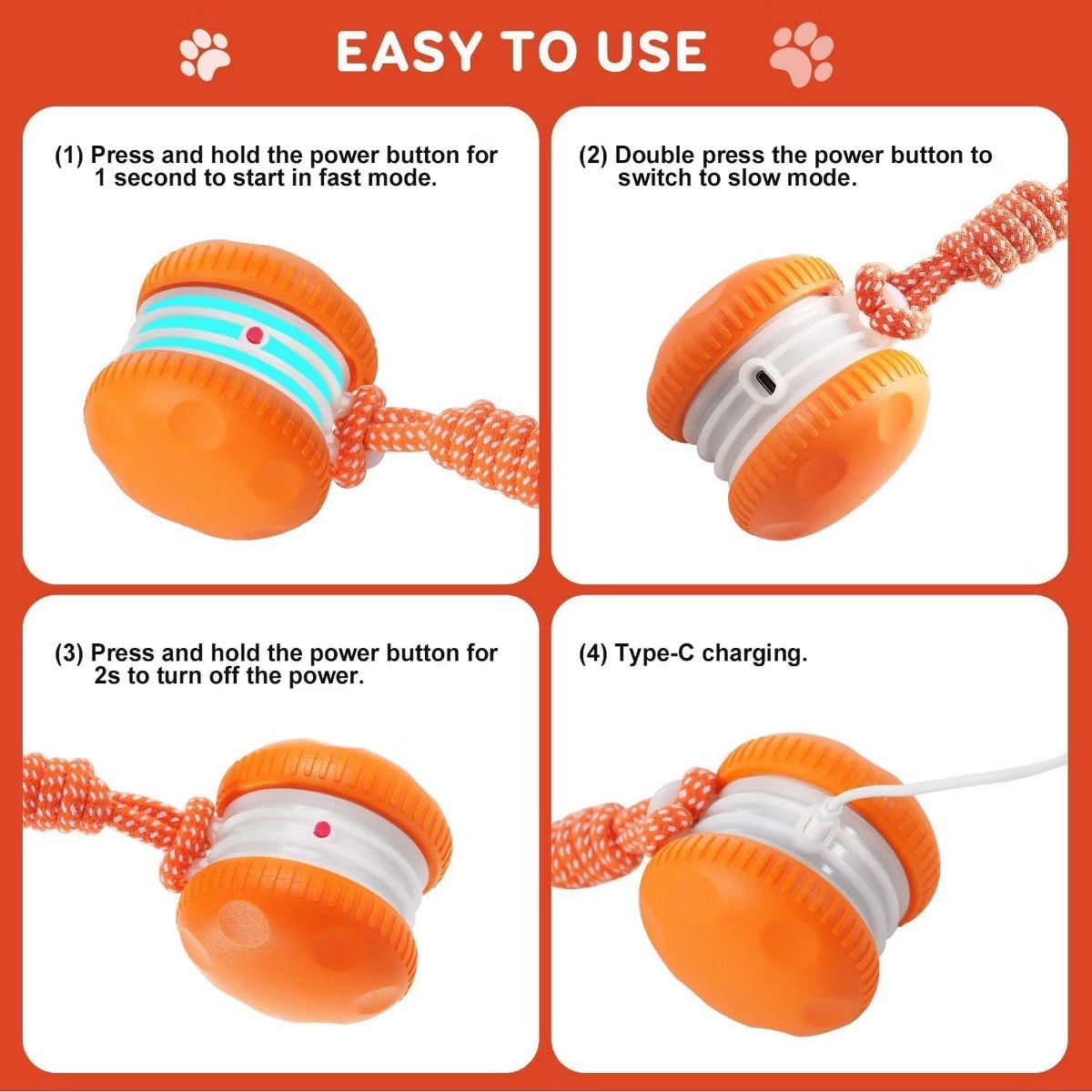 Attop Interactive Dog Toys, Random Path Automatic Moving and Rolling Dogs Toy with Rope Motion-Activated Orange