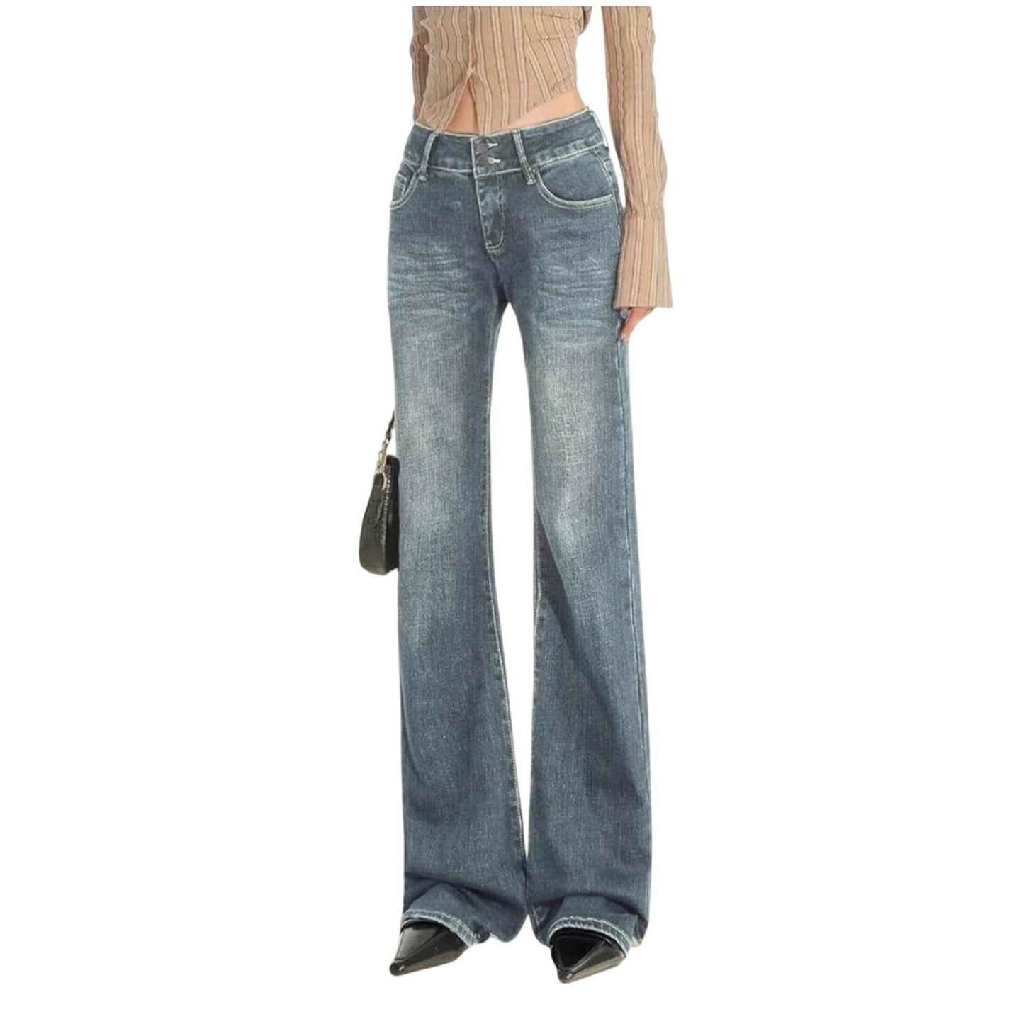 EMMIOL Mid-High Rise Flare Jeans Women, Stretchy Bootcut Retro Blue XS