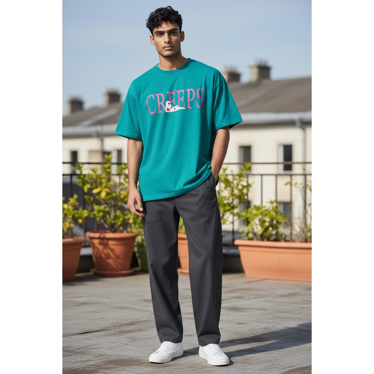 Creeps Teal Men’s T-Shirt With Pink Words On it Size Large