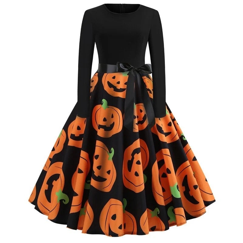 WOMEN'S HALLOWEEN DRESS WITH PUMPKIN PRINT / LADIES CLOTHES WITH LONG SLEEVE