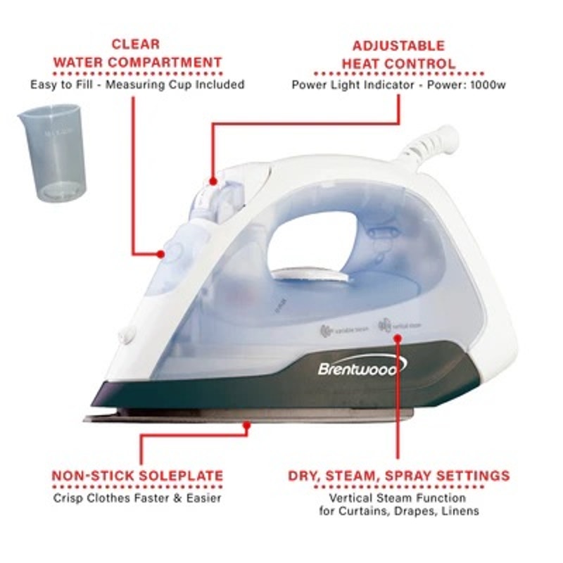 BRENTWOOD MPI-52 NON-STICK STEAM IRON, WHITE