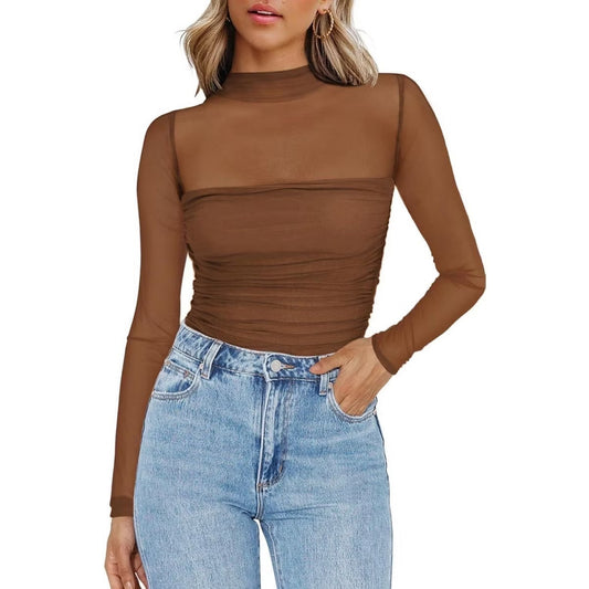 Mesh Sheer Long Sleeve Top Sexy Casual Mock Turtle Neck See Though Shirts Ruched