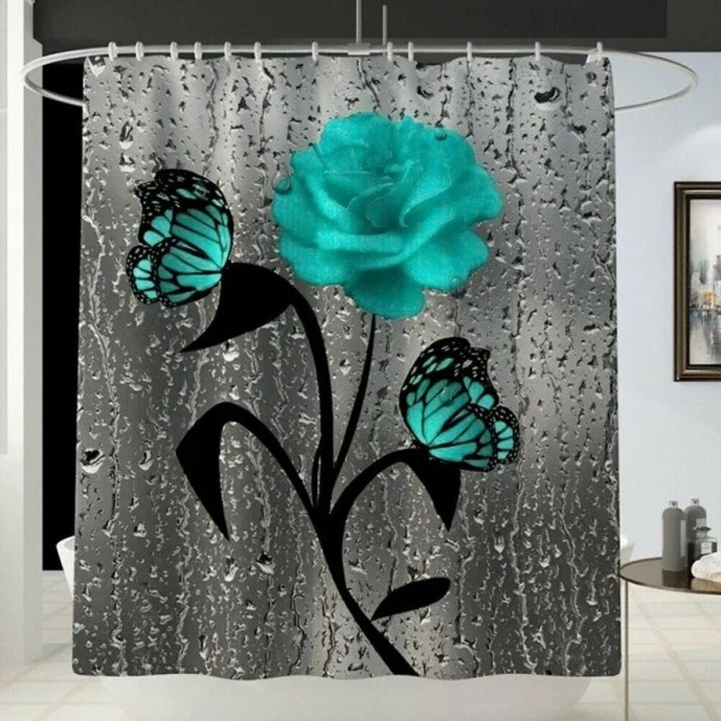 Poedist 4 Pcs Bathroom Set,Green Rose Shower Curtain Sets, Romantic Shower
