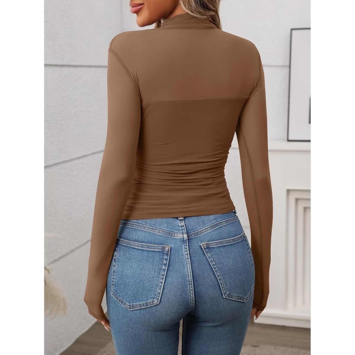 Mesh Sheer Long Sleeve Top Sexy Casual Mock Turtle Neck See Though Shirts Ruched