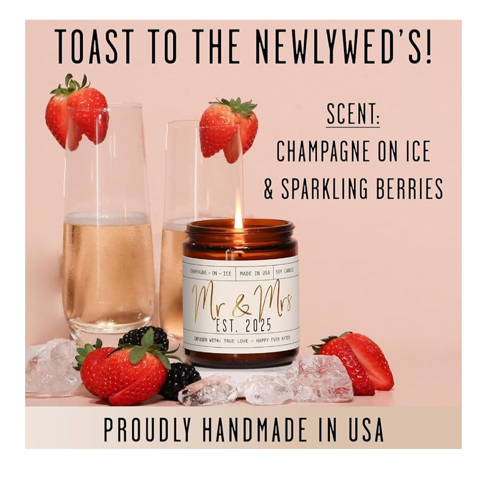 Wedding Gifts for Couples 2025, Bridal Shower Gifts from Bride - 'Mr & Mrs Est. 2025 Candle, w/Champagne on Ice