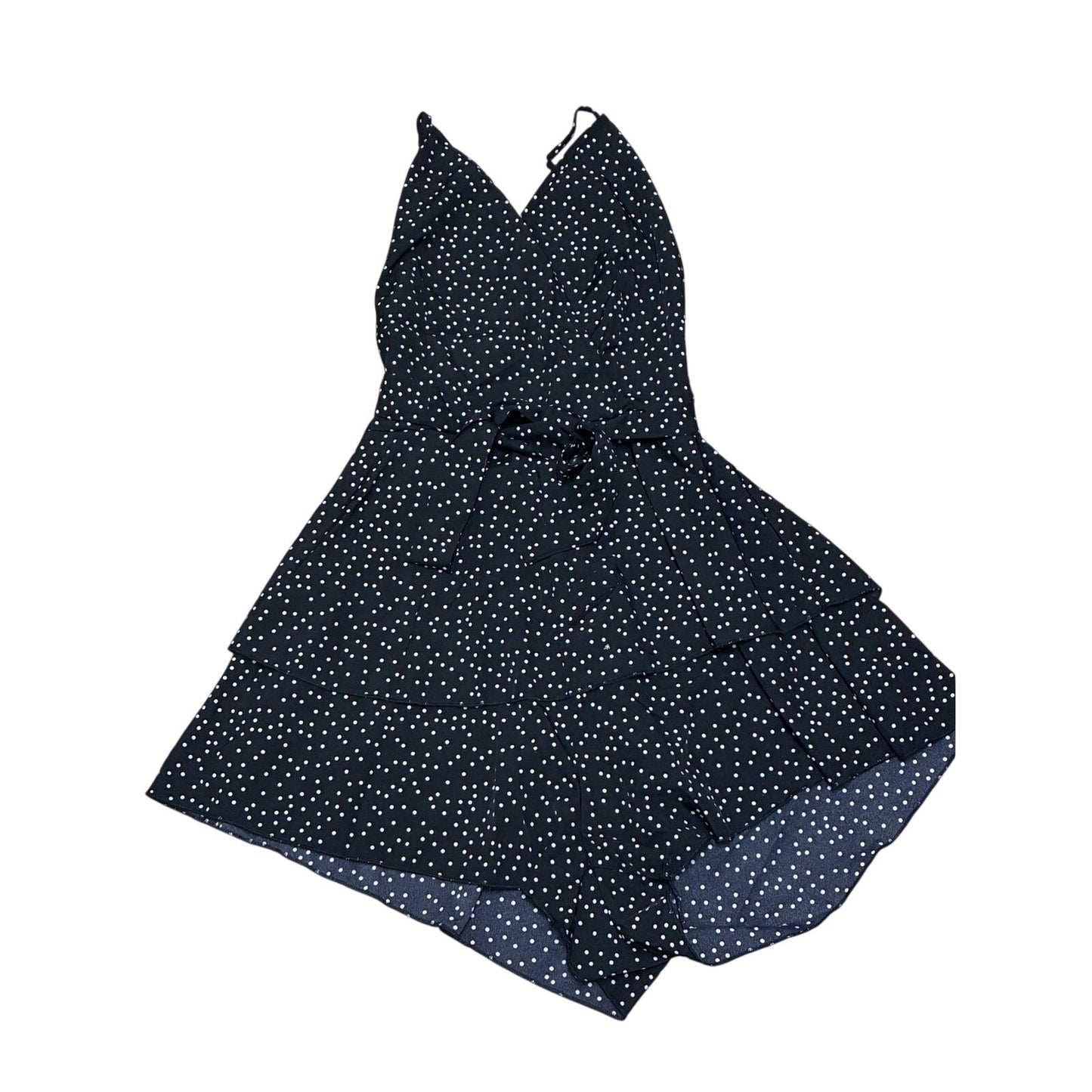 SHEIN jumpsuit features a black and white polka dot pattern ruffled tie waist