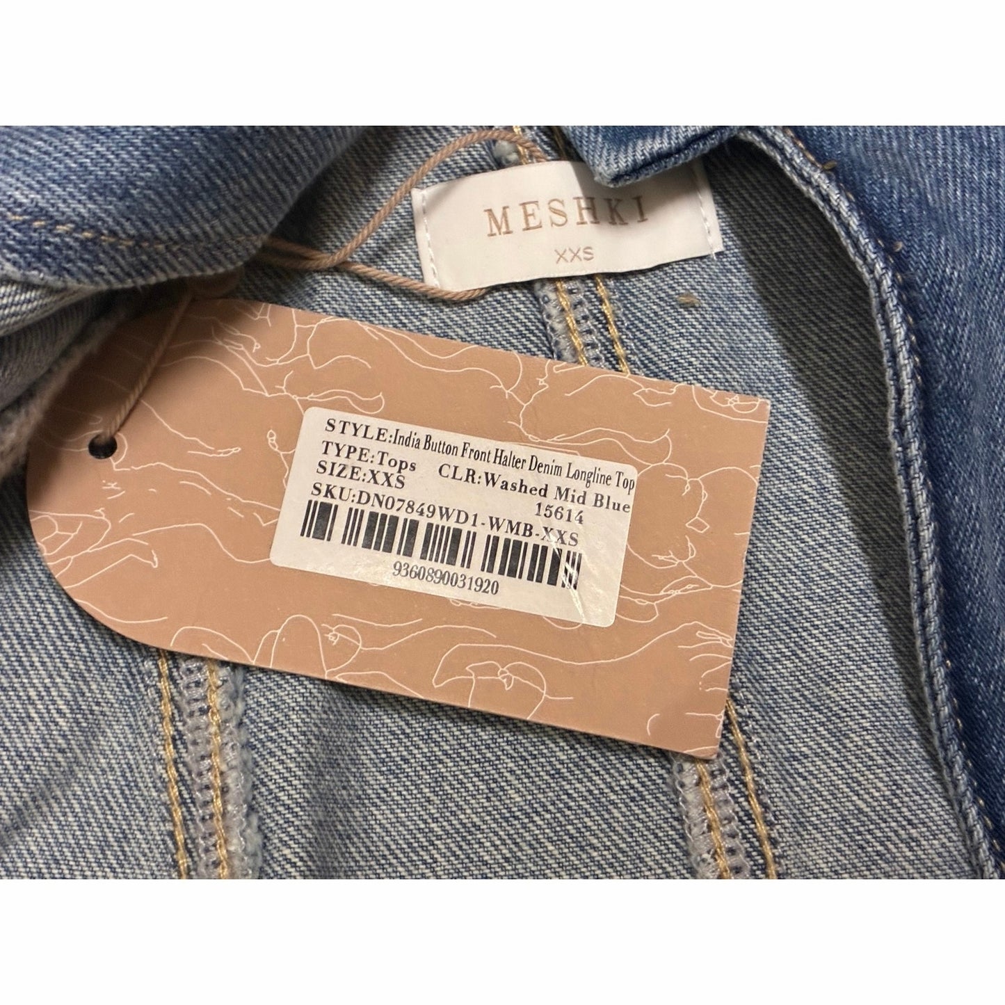 Meshki India Button Front Halter Denim Longline Top Size XXS