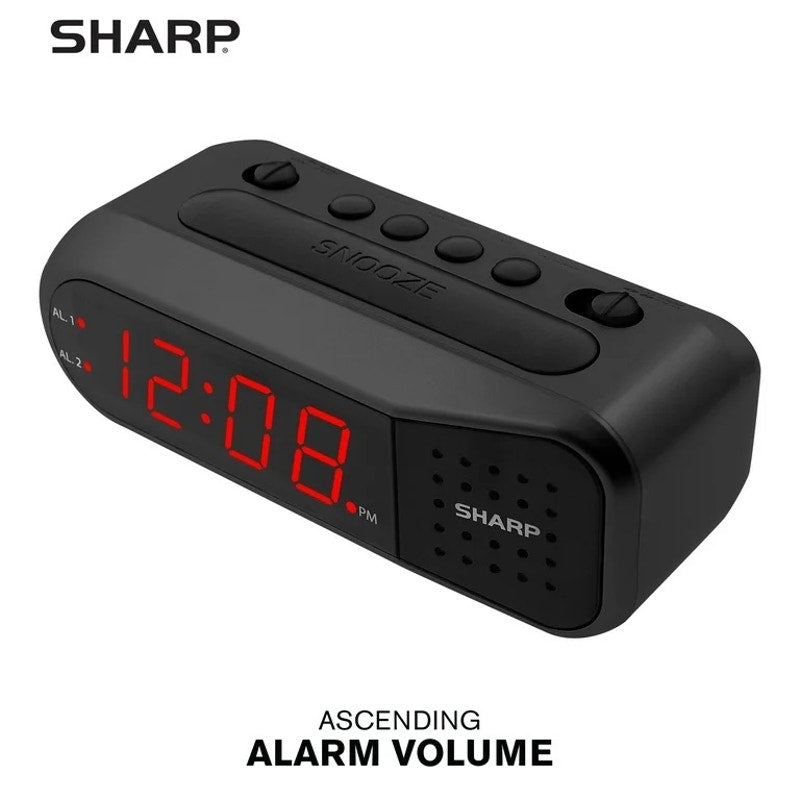 Sharp Digital Alarm Clock Black Case Red Display Ascending Alarm