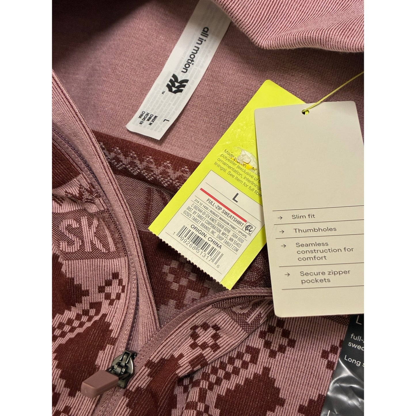 All In Motion Seamless Fair Isle Printed Full Zip Jacket, M - Maroon/Light Pink
