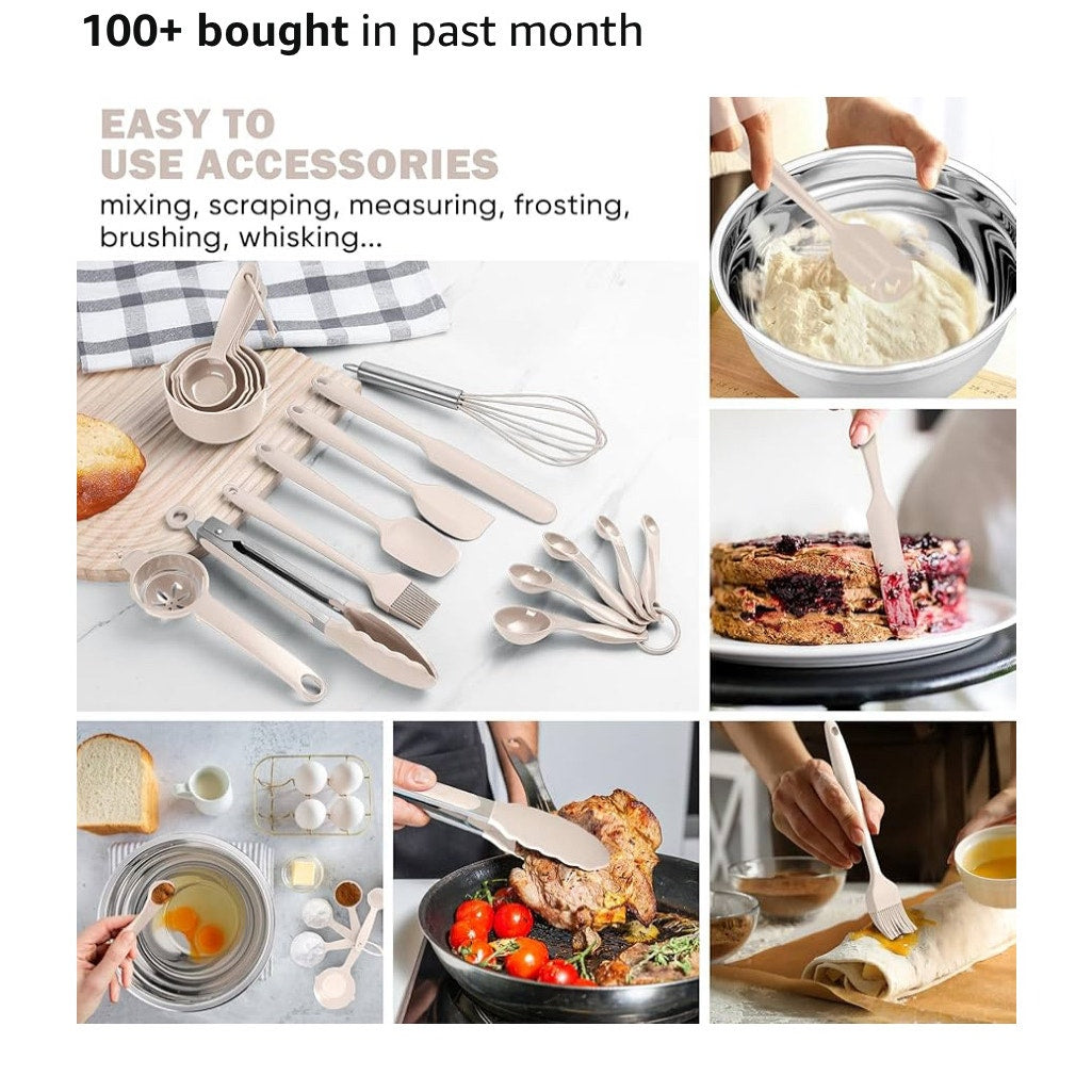 E-far 25PCS Mixing Bowls with Lid Set, Stainless Steel Nesting Prep Bowls with Grater Attachments Non-Slip Bottoms for Cooking, Serving, Food Storage, 4.6/2.6/2/1.5/1/0.7QT - Khaki