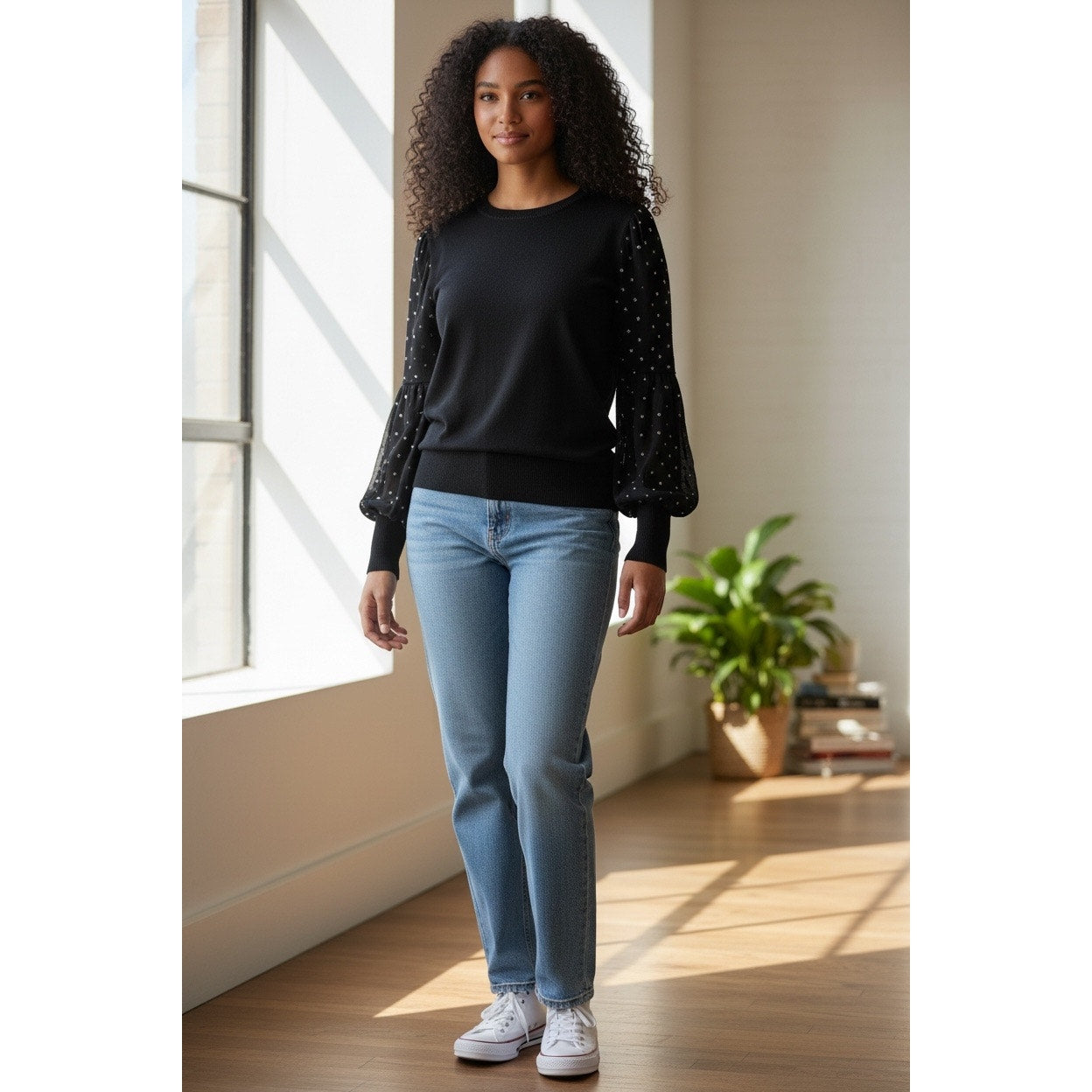 DKNY Women’s Black Long Sleeve Shirt With Stars On The Sleeves Size Xs